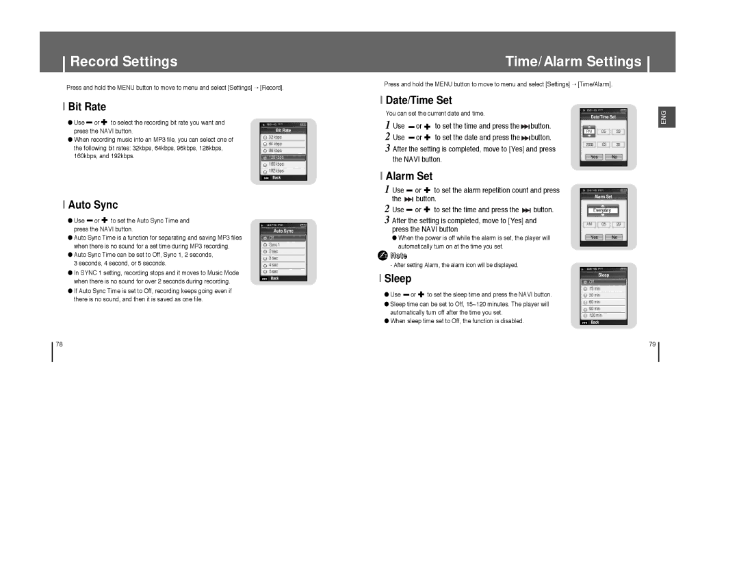 Samsung YP-T8ZB/XFO, YP-T8A/ELS, YP-T8Q/ELS, YP-T8X/ELS, YP-T8Z/ELS, YP-T8Q/EDC manual Record Settings, Time/Alarm Settings 