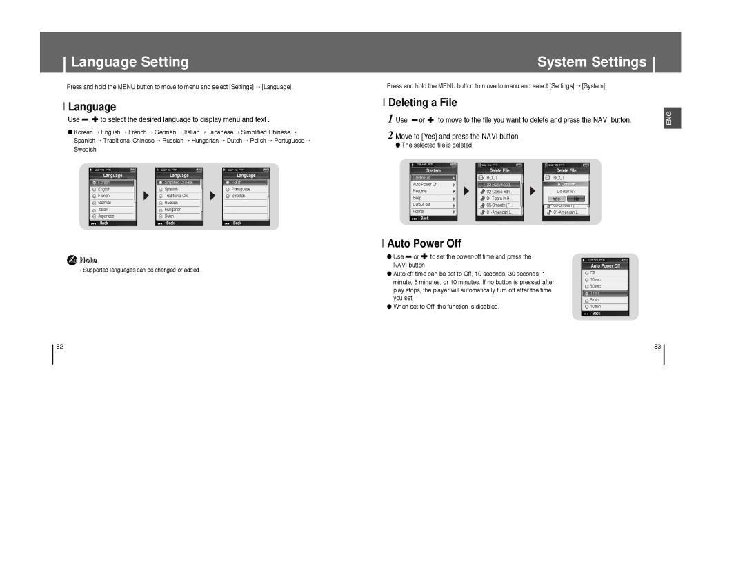 Samsung YP-T8A/ELS, YP-T8Q/ELS, YP-T8X/ELS, YP-T8Z/ELS Language Setting, System Settings, Deleting a File, Auto Power Off 