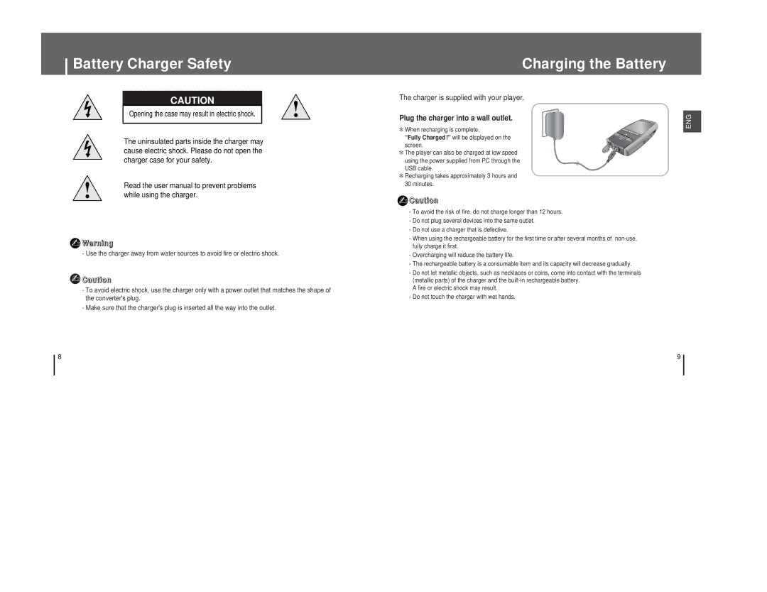 Samsung YP-T8QW/AAW manual Battery Charger Safety, Charging the Battery, Opening the case may result in electric shock 