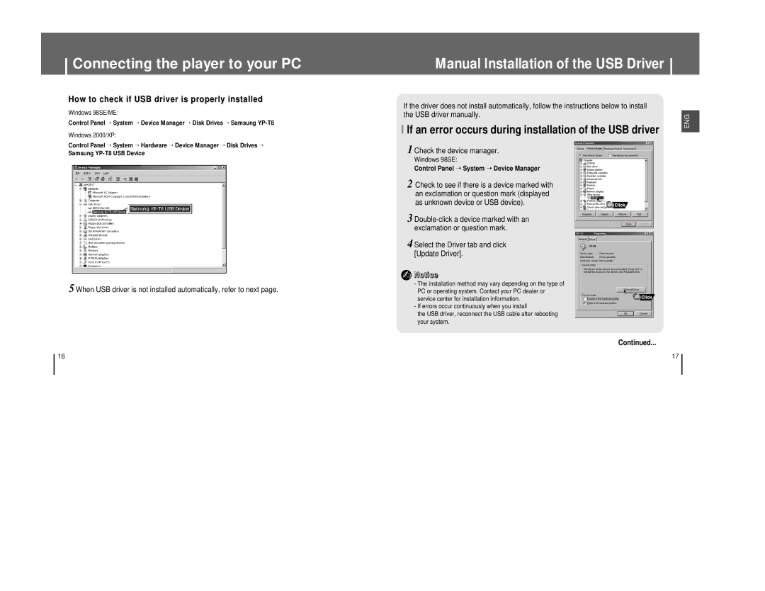 Samsung YP-T8VB/CBM If an error occurs during installation of the USB driver, Check the device manager, Windows 98SE/ME 