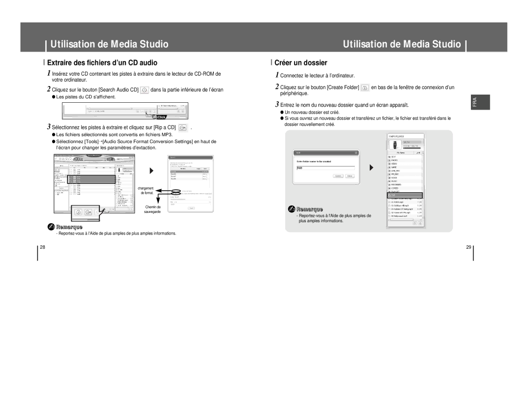 Samsung YP-T8A/ELS, YP-T8Q/ELS, YP-T8X/ELS, YP-T8Z/ELS, YP-T8Q/EDC manual Extraire des fichiers d’un CD audio, Créer un dossier 