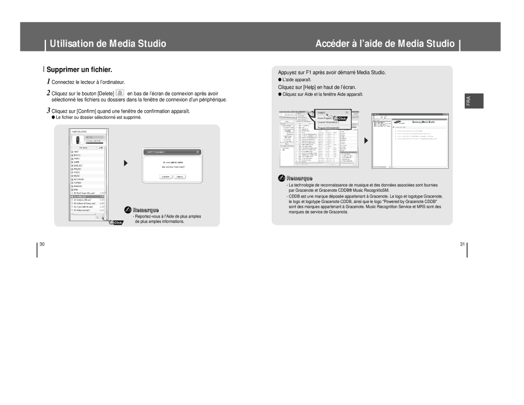 Samsung YP-T8Q/ELS Accéder à l’aide de Media Studio, Supprimer un fichier, Appuyez sur F1 après avoir démarré Media Studio 