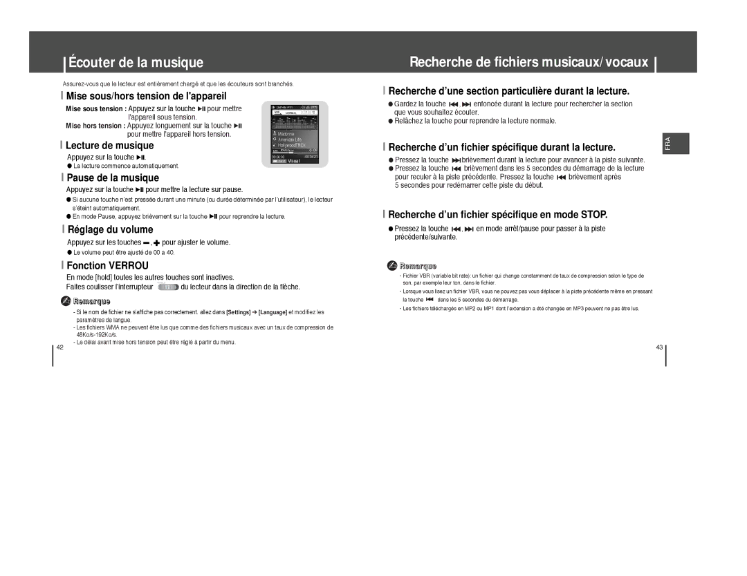 Samsung YP-T8X/ELS, YP-T8A/ELS, YP-T8Q/ELS, YP-T8Z/ELS manual Écouter de la musique, Recherche de fichiers musicaux/vocaux 