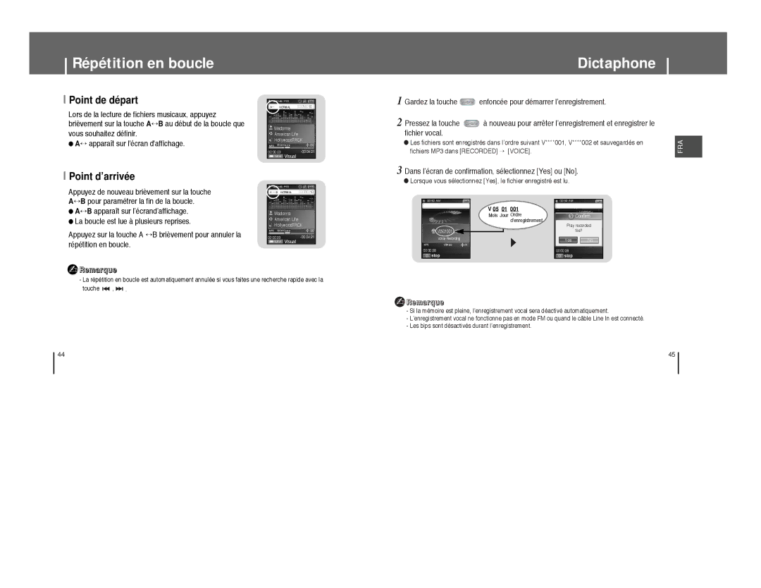 Samsung YP-T8Z/ELS, YP-T8A/ELS, YP-T8Q/ELS, YP-T8X/ELS Répétition en boucle, Dictaphone, Point de départ, Point d’arrivée 