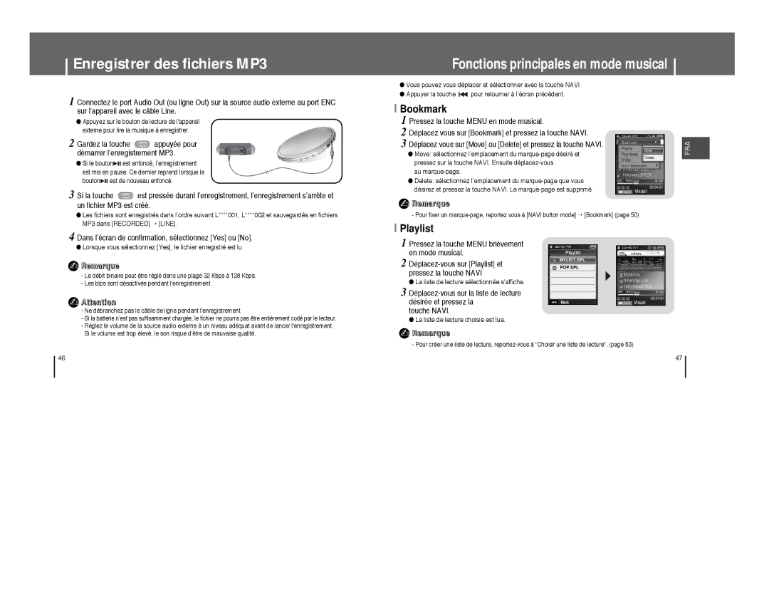 Samsung YP-T8Q/EDC, YP-T8A/ELS manual Enregistrer des fichiers MP3, Bookmark, Playlist, Sur l’appareil avec le câble Line 