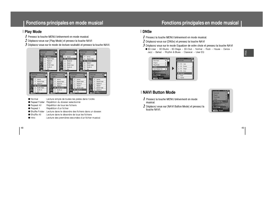 Samsung YP-T8A/ELS, YP-T8Q/ELS, YP-T8X/ELS, YP-T8Z/ELS Play Mode, DNSe, Jazz → Ballad → Rhythm & Blues → Classical → User EQ 