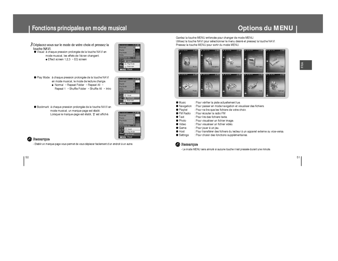 Samsung YP-T8Q/ELS, YP-T8A/ELS, YP-T8X/ELS, YP-T8Z/ELS, YP-T8Q/EDC manual Options du Menu 