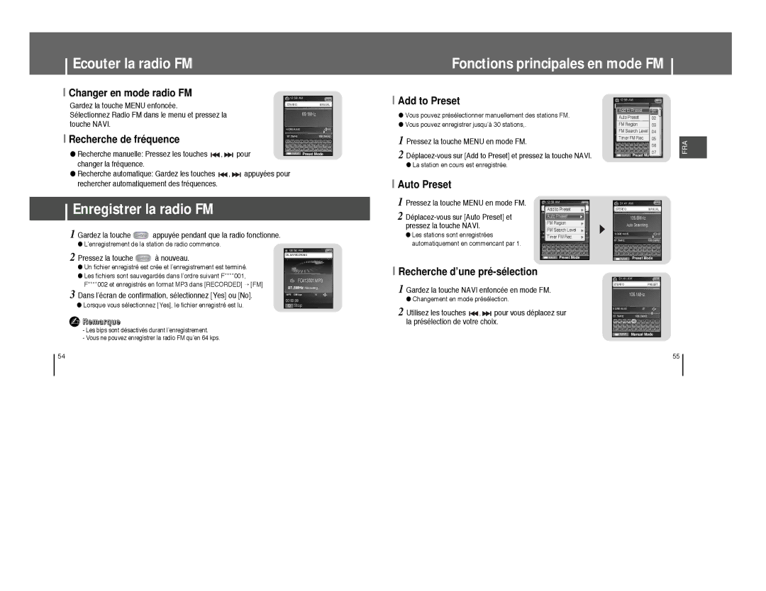 Samsung YP-T8Z/ELS, YP-T8A/ELS, YP-T8Q/ELS Ecouter la radio FM Fonctions principales en mode FM, Enregistrer la radio FM 