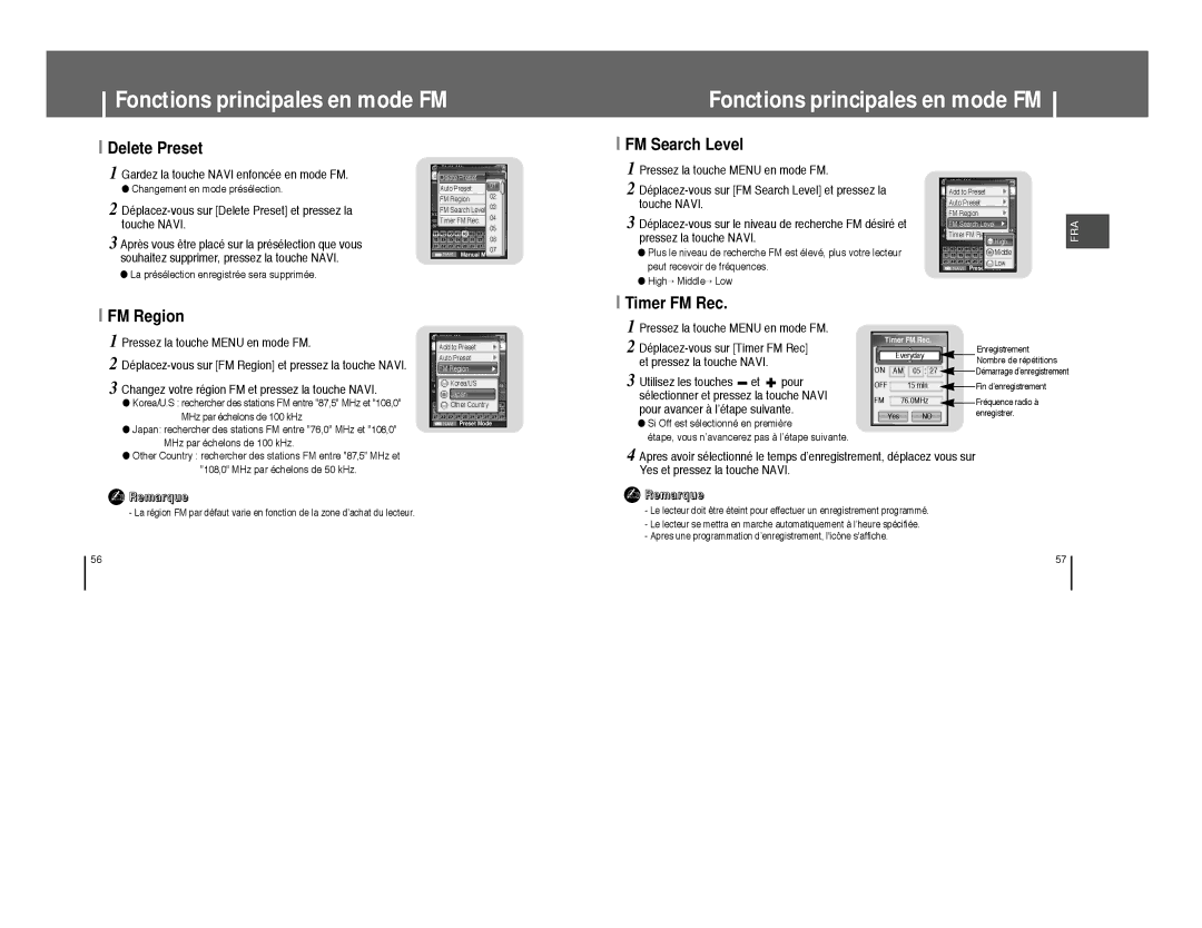 Samsung YP-T8Q/EDC, YP-T8A/ELS, YP-T8Q/ELS, YP-T8X/ELS, YP-T8Z/ELS Delete Preset, FM Search Level, FM Region, Timer FM Rec 