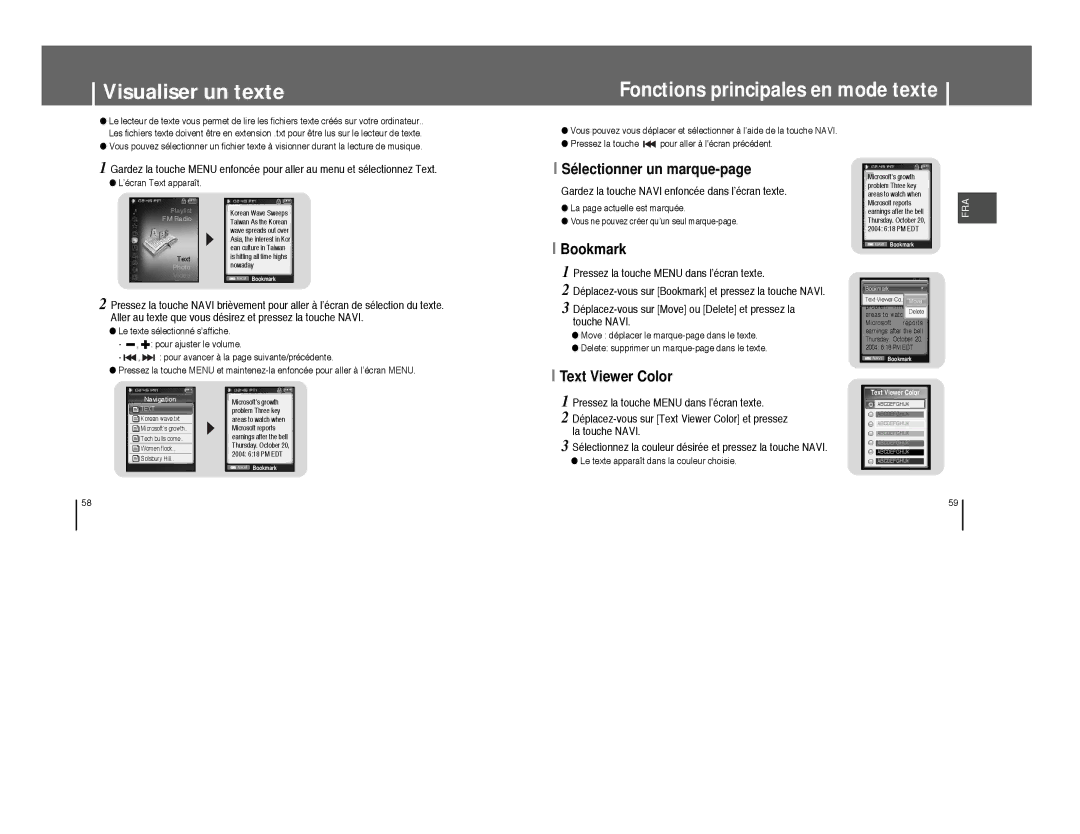 Samsung YP-T8A/ELS, YP-T8Q/ELS manual Visualiser un texte, Fonctions principales en mode texte, Sélectionner un marque-page 