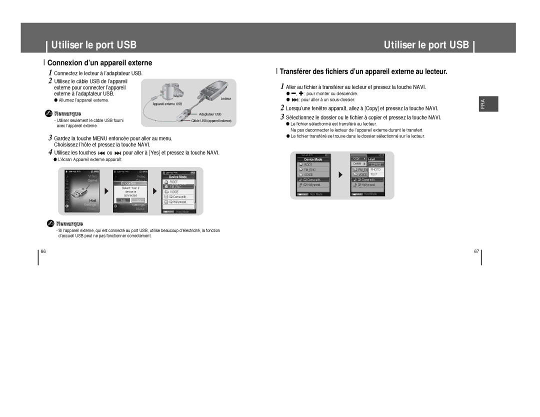 Samsung YP-T8Q/EDC manual Utiliser le port USB, Connexion d’un appareil externe, Connectez le lecteur à l’adaptateur USB 