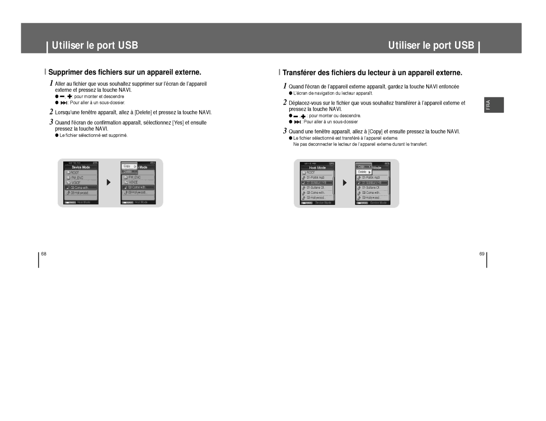 Samsung YP-T8A/ELS, YP-T8Q/ELS, YP-T8X/ELS, YP-T8Z/ELS, YP-T8Q/EDC manual Supprimer des fichiers sur un appareil externe 