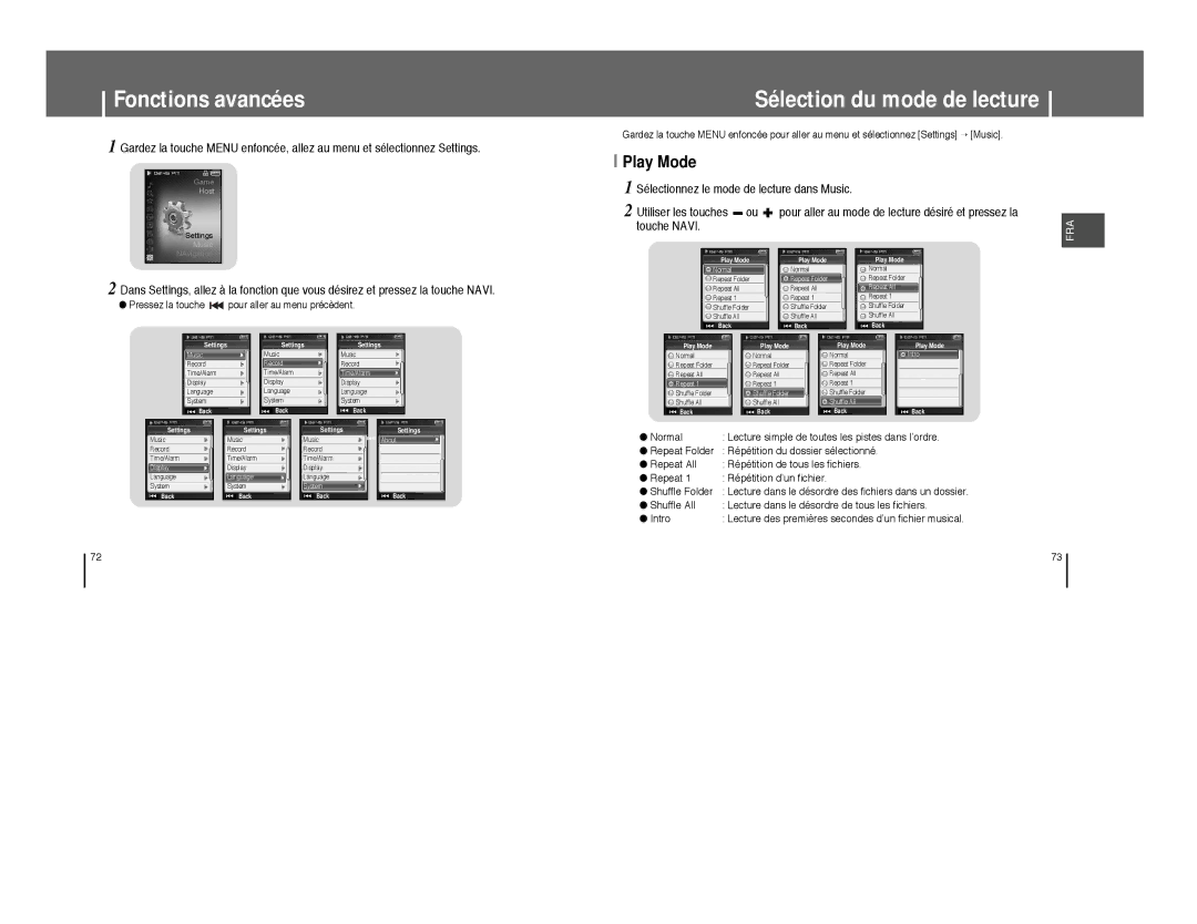 Samsung YP-T8X/ELS manual Fonctions avancées, Sélection du mode de lecture, Sélectionnez le mode de lecture dans Music 