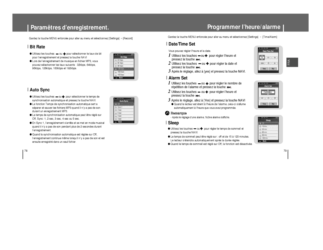 Samsung YP-T8A/ELS, YP-T8Q/ELS, YP-T8X/ELS, YP-T8Z/ELS, YP-T8Q/EDC Paramêtres d’enregistrement, Programmer l’heure/alarme 