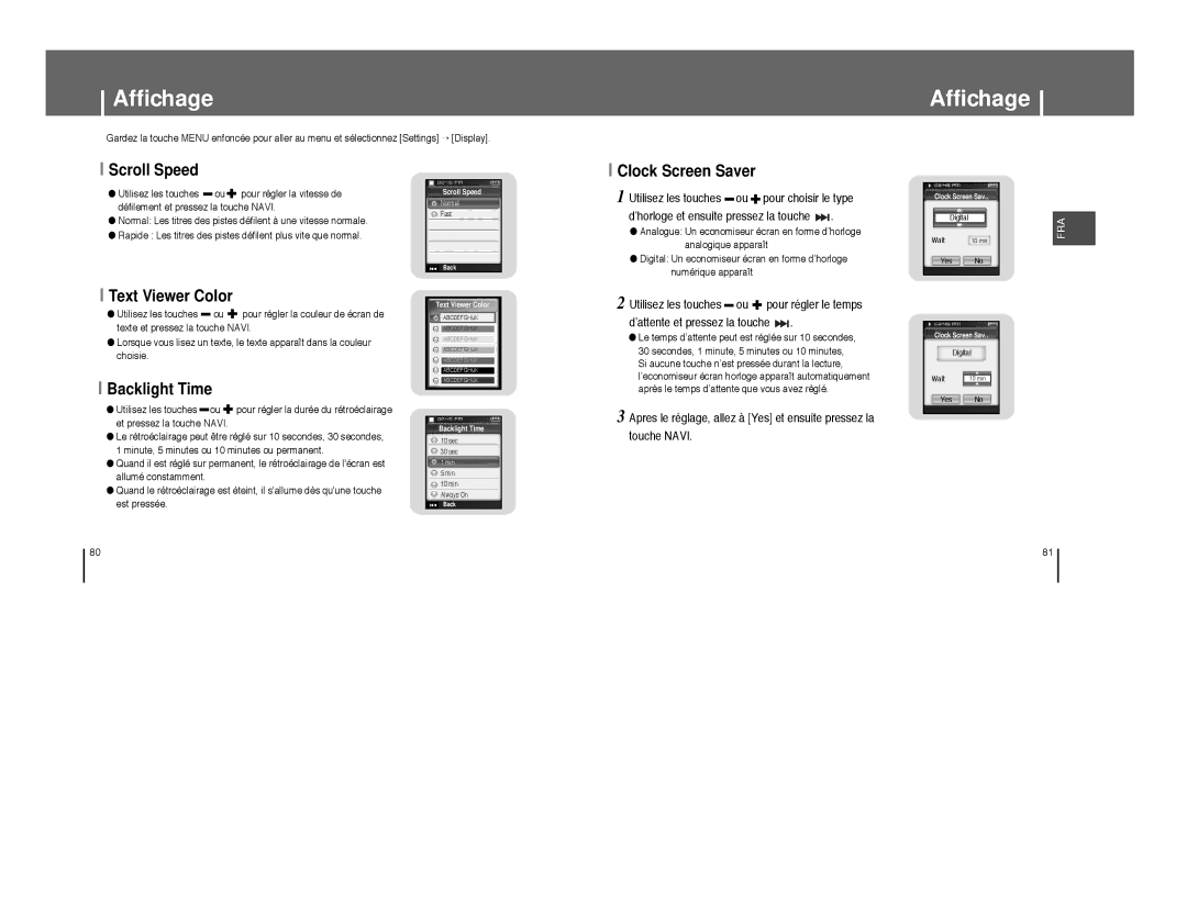 Samsung YP-T8Q/ELS, YP-T8A/ELS, YP-T8X/ELS, YP-T8Z/ELS manual Affichage, Scroll Speed, Clock Screen Saver, Backlight Time 