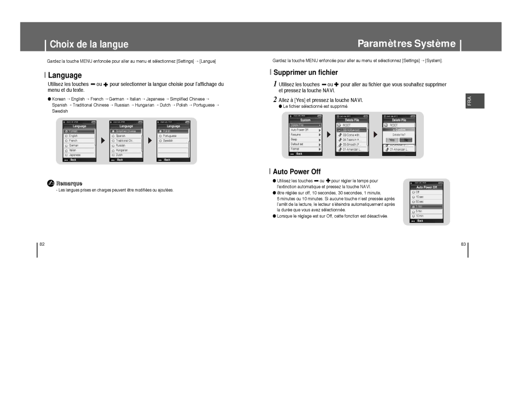 Samsung YP-T8X/ELS manual Paramètres Système, Choix de la langue, Auto Power Off, Allez à Yes et pressez la touche Navi 