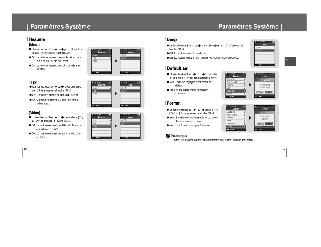 Samsung YP-T8Z/ELS, YP-T8A/ELS, YP-T8Q/ELS, YP-T8X/ELS, YP-T8Q/EDC manual Resume, Beep, Format 