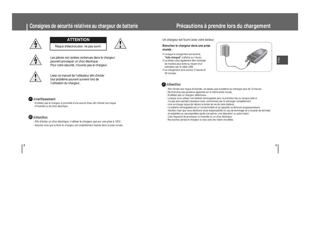 Samsung YP-T8A/ELS, YP-T8Q/ELS, YP-T8X/ELS, YP-T8Z/ELS, YP-T8Q/EDC manual Précautions à prendre lors du chargement 