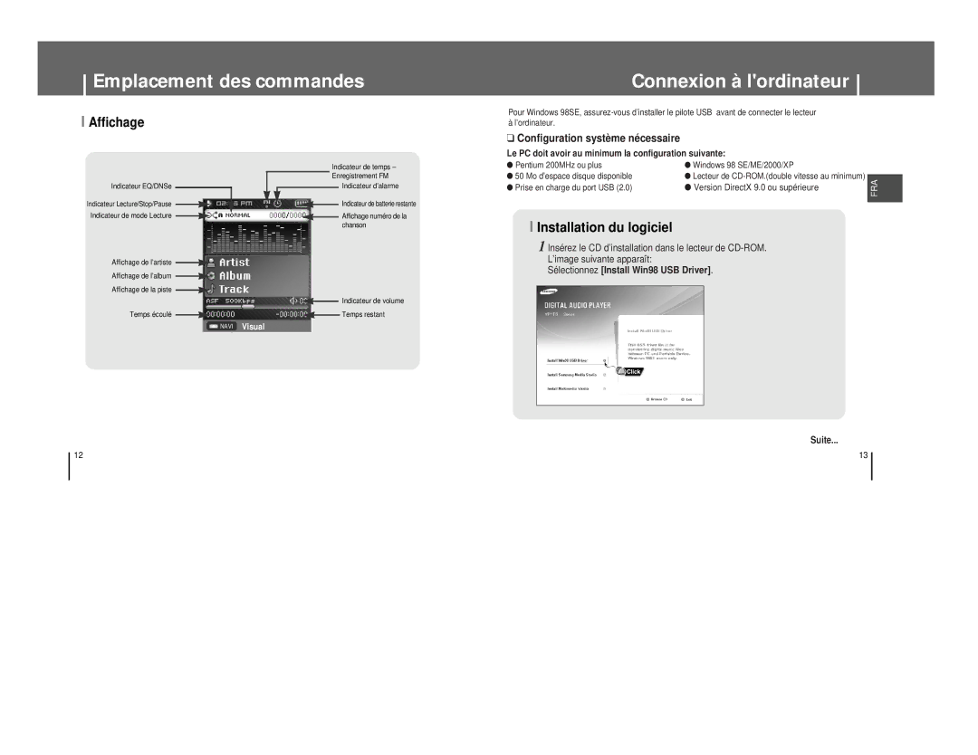 Samsung YP-T8X/ELS, YP-T8A/ELS, YP-T8Q/ELS, YP-T8Z/ELS manual Emplacement des commandes Connexion à lordinateur, Affichage 