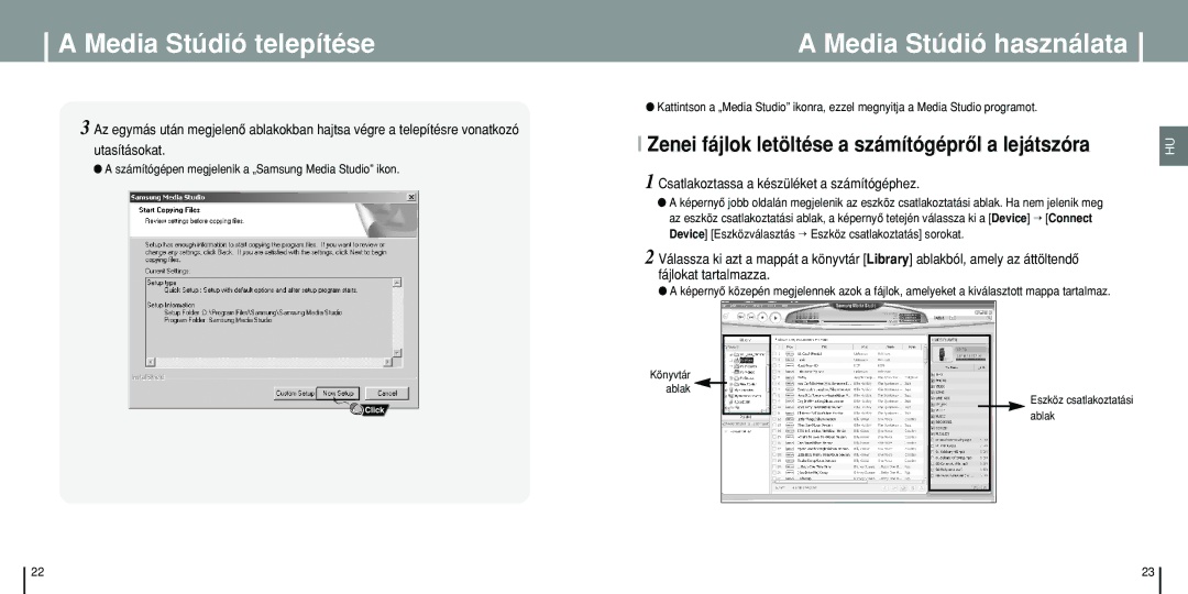 Samsung YP-T8Q/ELS, YP-T8X/ELS, YP-T8Z/ELS Media Stúdió használata, Zenei fájlok letöltése a számítógéprôl a lejátszóra 