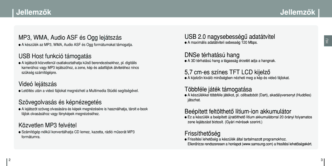 Samsung YP-T8Z/ELS, YP-T8Q/ELS, YP-T8X/ELS manual Jellemzôk, Maximális adatátviteli sebesség 120 Mbps 