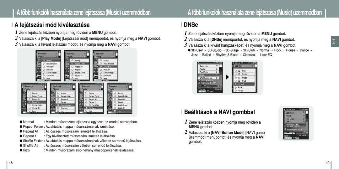 Samsung YP-T8X/ELS, YP-T8Q/ELS, YP-T8Z/ELS manual Lejátszási mód kiválasztása, DNSe, Beállítások a Navi gombbal 