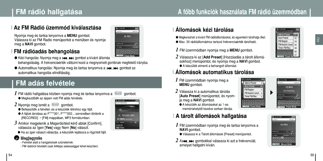 Samsung YP-T8X/ELS, YP-T8Q/ELS, YP-T8Z/ELS manual FM rádió hallgatása, FM adás felvétele 