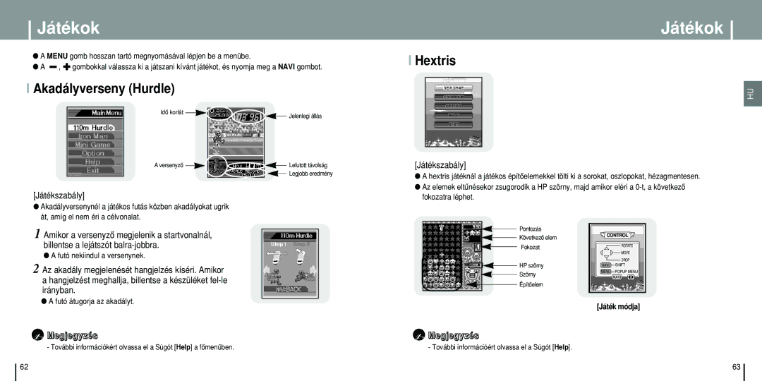 Samsung YP-T8Z/ELS, YP-T8Q/ELS, YP-T8X/ELS manual Játékok, Hextris Akadályverseny Hurdle, Játékszabály, Irányban 