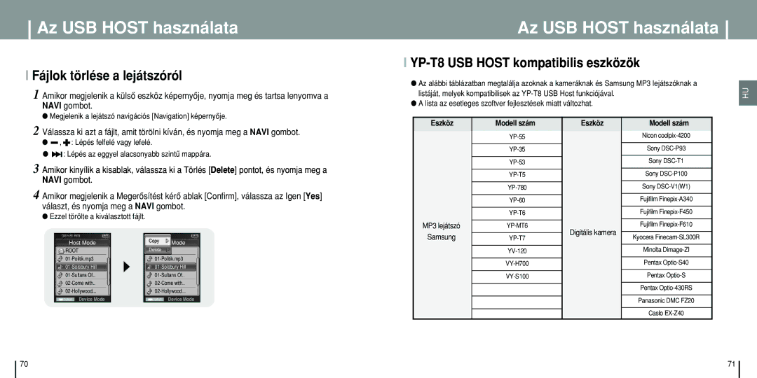 Samsung YP-T8Q/ELS, YP-T8X/ELS Fájlok törlése a lejátszóról, YP-T8 USB Host kompatibilis eszközök, MP3 lejátszó, Samsung 