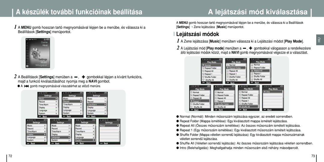 Samsung YP-T8X/ELS, YP-T8Q/ELS manual Készülék további funkcióinak beállítása, Lejátszási mód kiválasztása, Lejátszási módok 