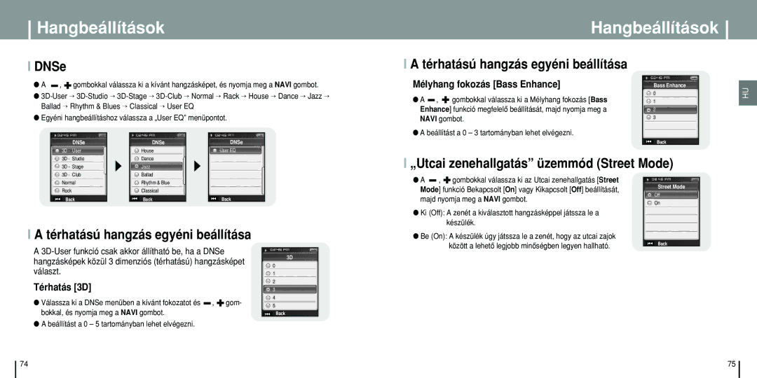 Samsung YP-T8Z/ELS manual Hangbeállítások, Térhatású hangzás egyéni beállítása, „Utcai zenehallgatás üzemmód Street Mode 