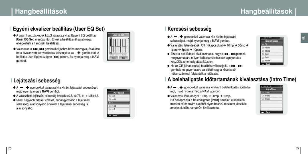 Samsung YP-T8Q/ELS, YP-T8X/ELS, YP-T8Z/ELS Keresési sebesség, Lejátszási sebesség, Egyéni ekvalizer beállítás User EQ Set 