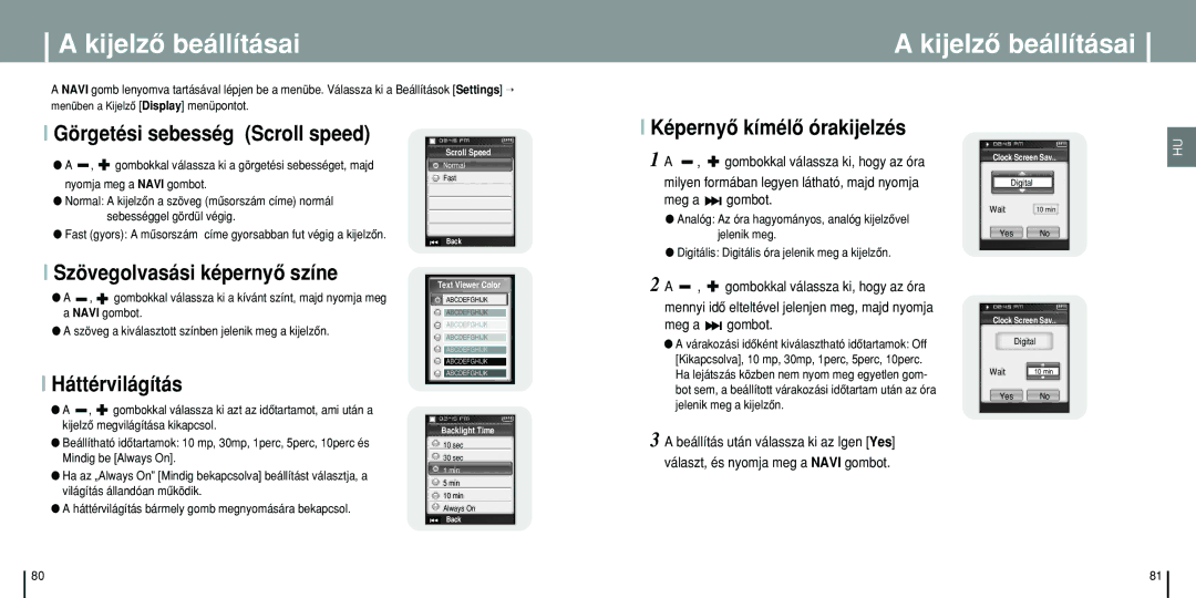 Samsung YP-T8Z/ELS Kijelzô beállításai, Görgetési sebesség Scroll speed, Képernyô kímélô órakijelzés, Háttérvilágítás 