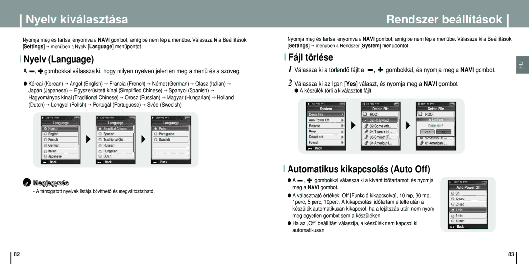 Samsung YP-T8Q/ELS, YP-T8X/ELS Nyelv kiválasztása, Rendszer beállítások, Nyelv Language, Automatikus kikapcsolás Auto Off 