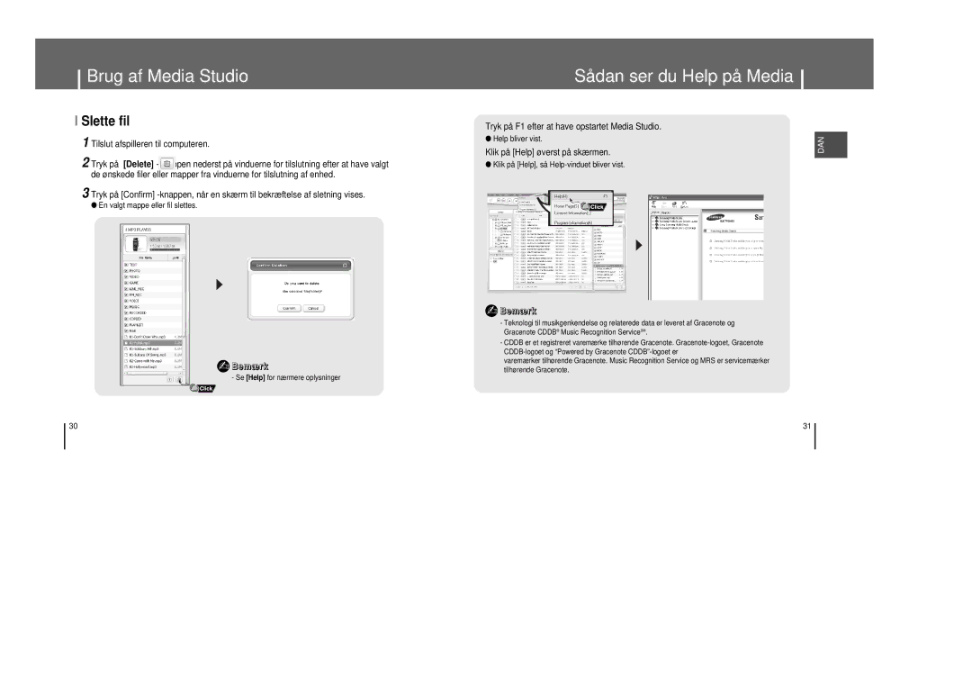 Samsung YP-T8X/ELS, YP-T8Z/ELS manual Sådan ser du Help på Media, Slette fil, Tilslut afspilleren til computeren 