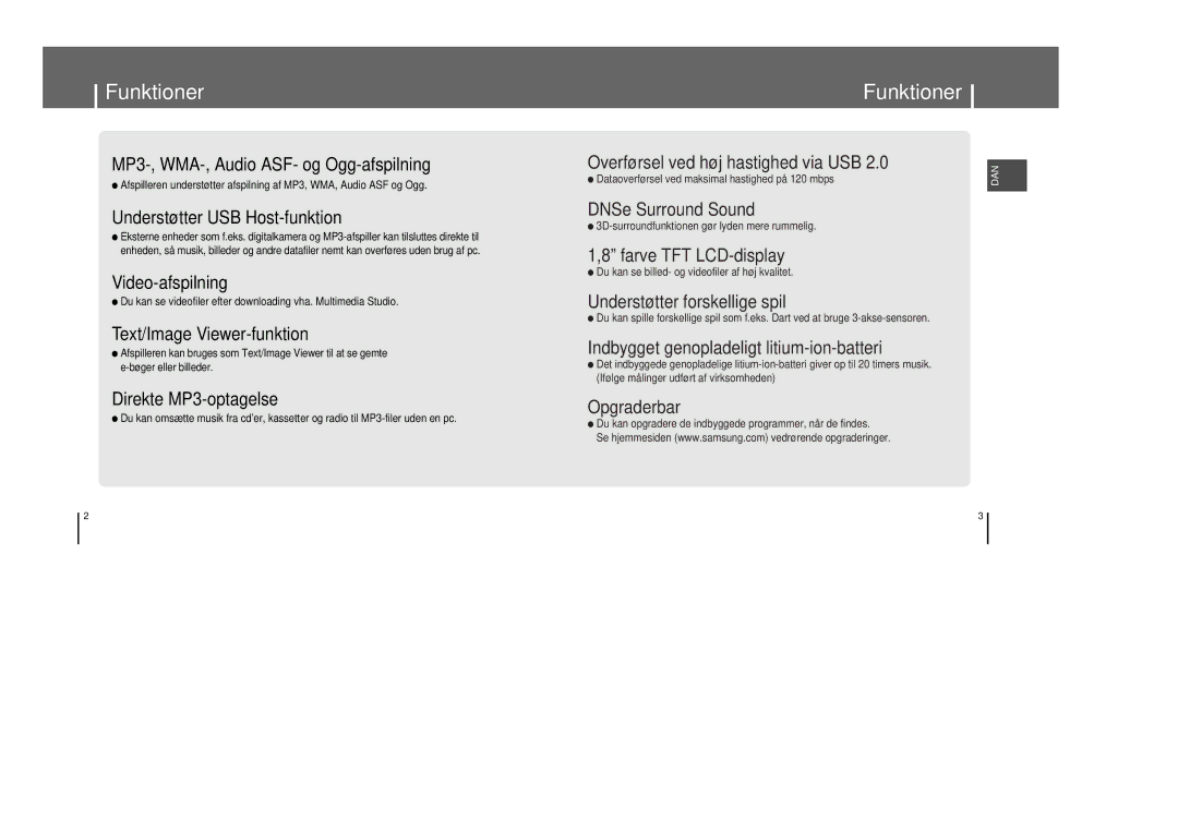 Samsung YP-T8X/ELS, YP-T8Z/ELS manual Funktioner, Understøtter USB Host-funktion 