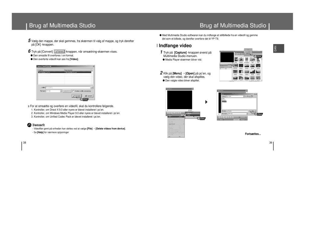 Samsung YP-T8X/ELS manual Tryk på Capture -knappen øverst på, Multimedia Studio-menuen, Media Player-skærmen bliver vist 