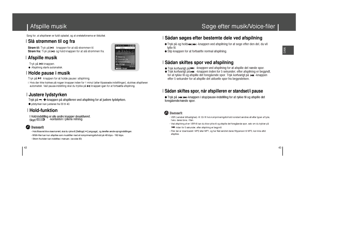 Samsung YP-T8X/ELS, YP-T8Z/ELS manual Afspille musik, Søge efter musik/Voice-filer 