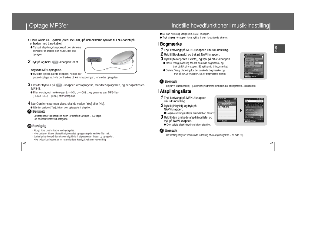 Samsung YP-T8X/ELS, YP-T8Z/ELS manual Optage MP3’er, Bogmærke, Afspilningsliste 