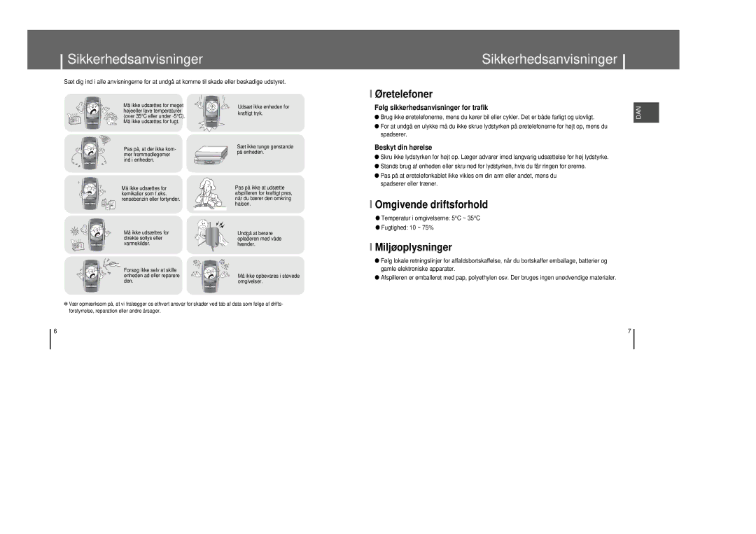 Samsung YP-T8X/ELS, YP-T8Z/ELS manual Sikkerhedsanvisninger, Øretelefoner, Omgivende driftsforhold, Miljøoplysninger 