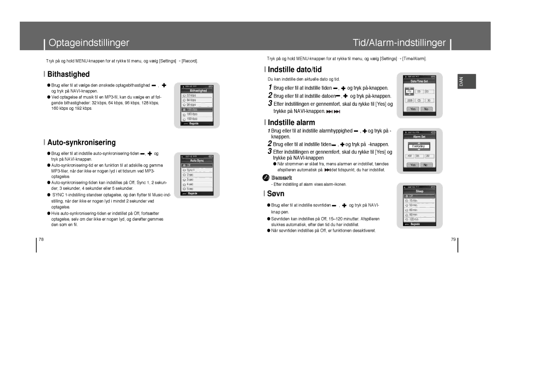 Samsung YP-T8X/ELS, YP-T8Z/ELS manual Optageindstillinger, Tid/Alarm-indstillinger 