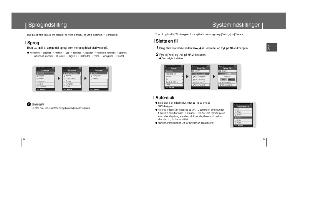 Samsung YP-T8X/ELS, YP-T8Z/ELS manual Sprogindstilling, Systemindstillinger, Slette en fil, Auto-sluk 