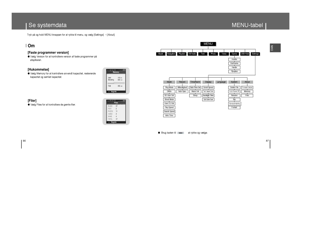 Samsung YP-T8X/ELS, YP-T8Z/ELS manual Se systemdata, MENU-tabel, Vælg Files for at kontrollere de gemte filer 