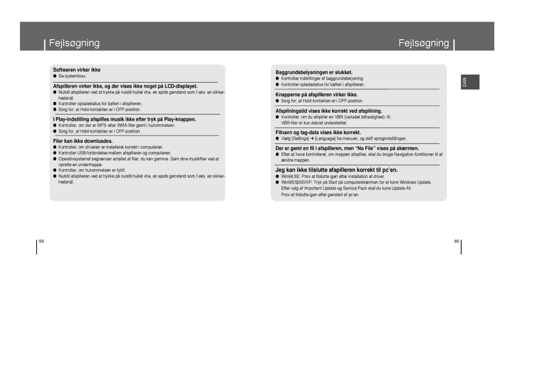 Samsung YP-T8Z/ELS, YP-T8X/ELS manual Fejlsøgning, Se systemkrav, Kontroller indstillinger af baggrundsbelysning 