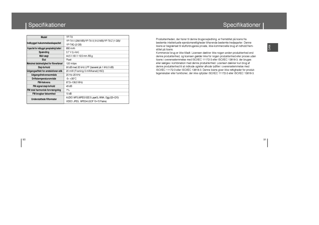 Samsung YP-T8X/ELS, YP-T8Z/ELS manual Specifikationer 