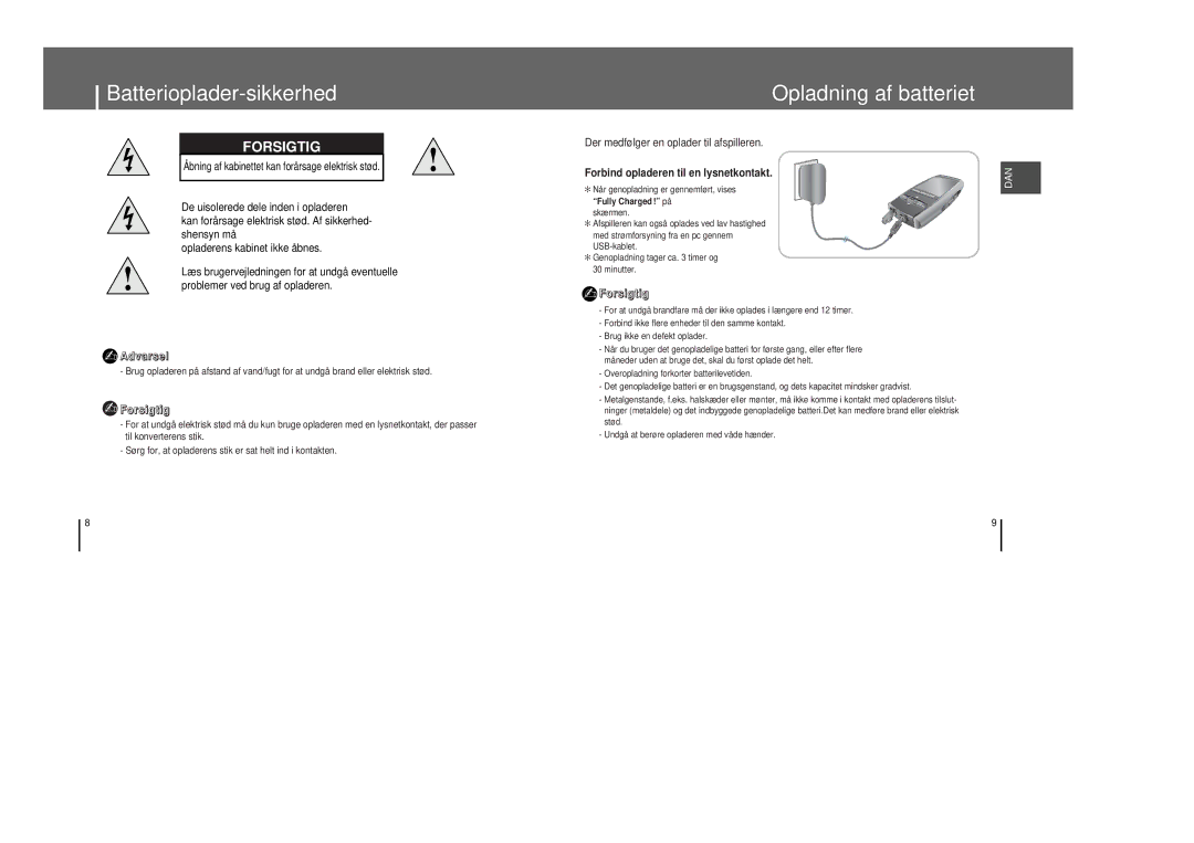 Samsung YP-T8Z/ELS Batterioplader-sikkerhed, Opladning af batteriet, Åbning af kabinettet kan forårsage elektrisk stød 