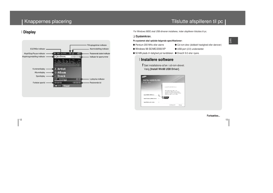 Samsung YP-T8Z/ELS, YP-T8X/ELS manual Tilslutte afspilleren til pc, Display 