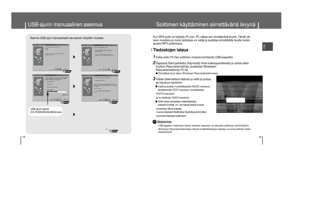 Samsung YP-T8X/ELS Asenna USB-ajuri manuaalisesti seuraavien ohjeiden mukaan, USB-ajurin sijainti CD-ROM\Win98USB\Drivers 