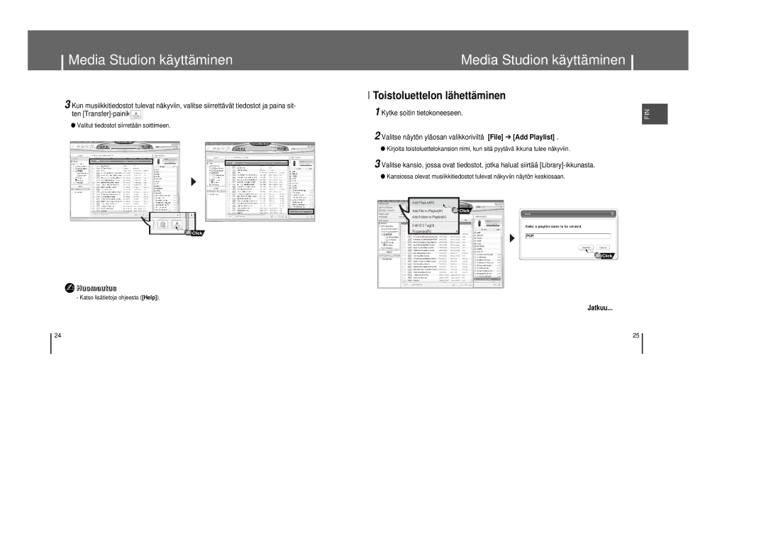 Samsung YP-T8Z/ELS, YP-T8X/ELS manual Toistoluettelon lähettäminen, Valitse näytön yläosan valikkoriviltä File Add Playlist 