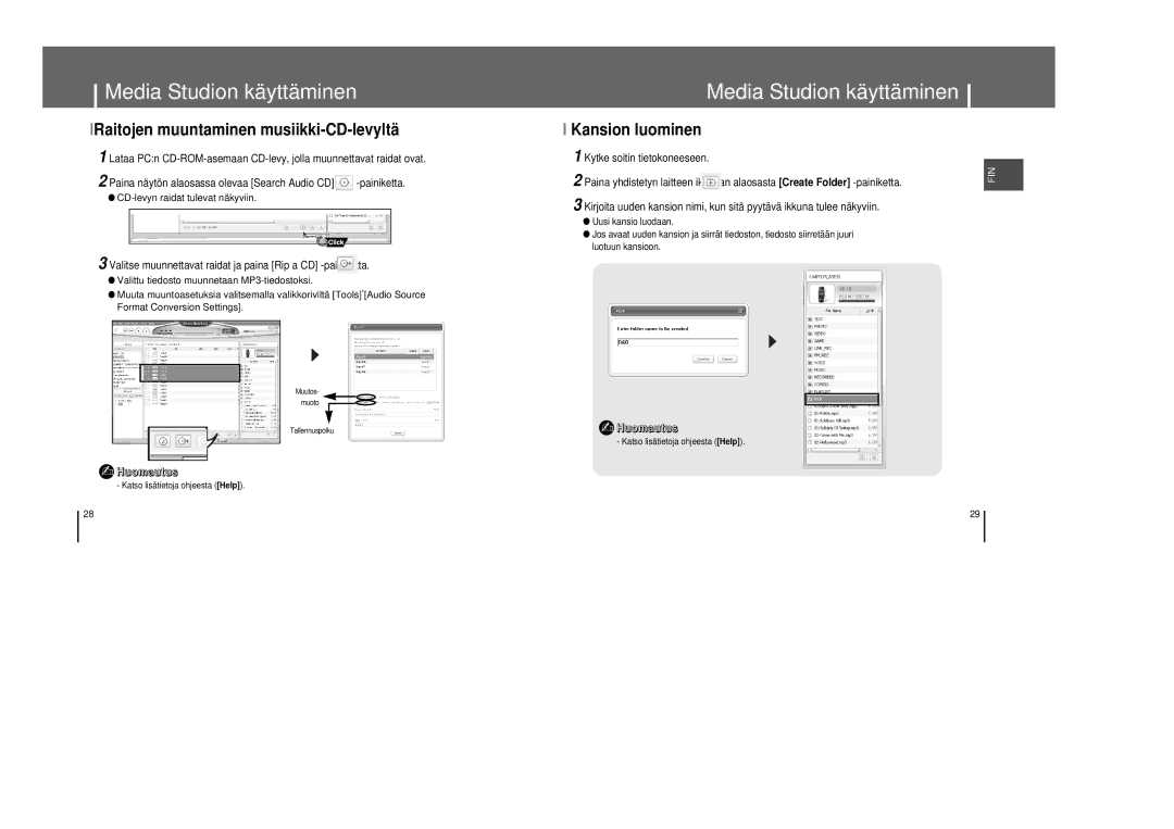 Samsung YP-T8Z/ELS, YP-T8X/ELS manual LRaitojen muuntaminen musiikki-CD-levyltä, Kansion luominen 